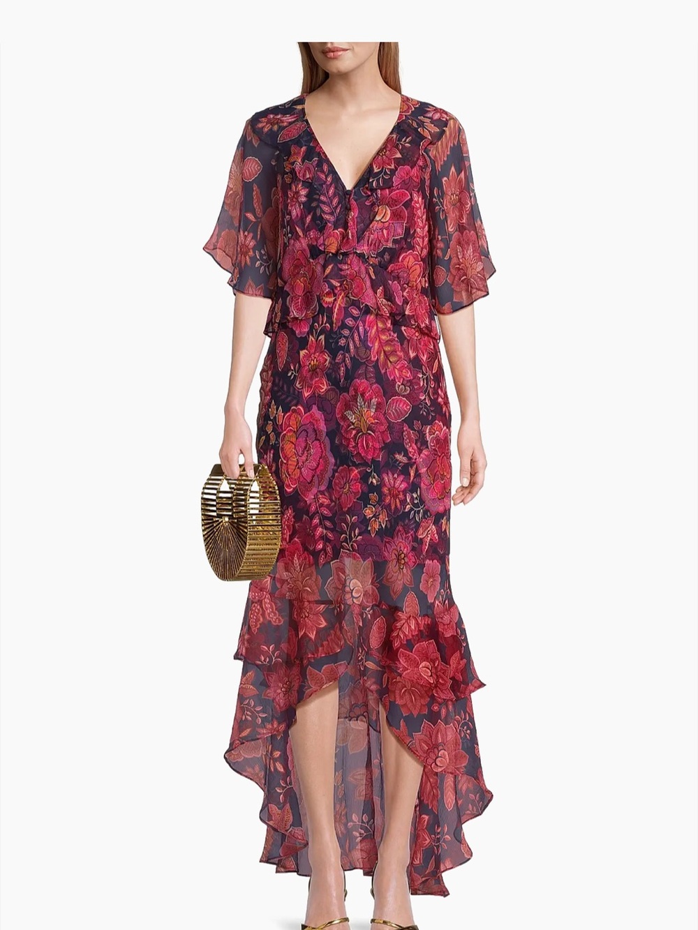 Johnny Was Jade Luxee Silk Navy and Pink Floral High-Low V-Neck Dress